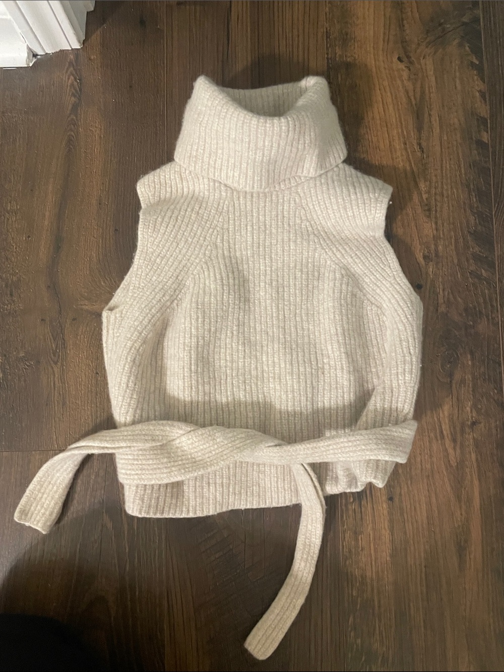 Vince Cream Sleeveless Turtleneck Sweater with Waist Tie